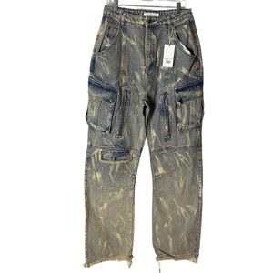New MNML Ultra Baggy Ripped Denim Cargo Pants Men 32 Trendy Streetwear Y2K